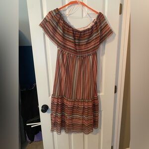 Striped off the shoulder dress.  fully lined.